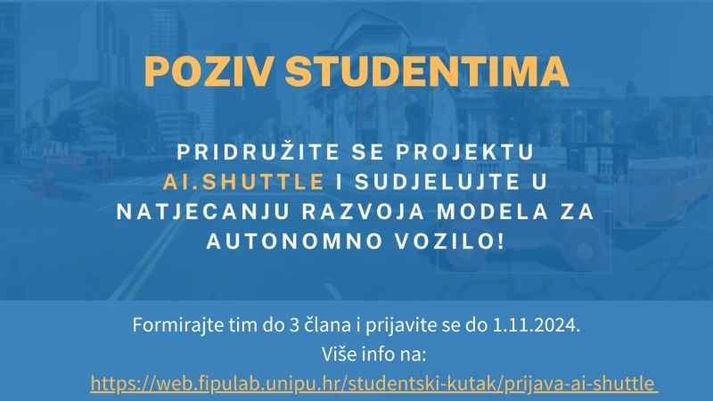 Poziv studentima - Pridružite se projektu AI.Shuttle i sudjelujte u natjecanju razvoja modela za autonomno vozilo